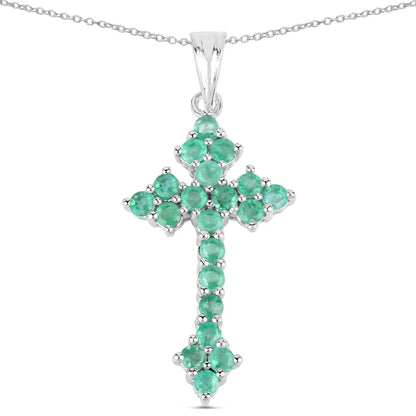 2.00 Ct Green Zambian Emerald Prong Silver Cross Pendant Necklace