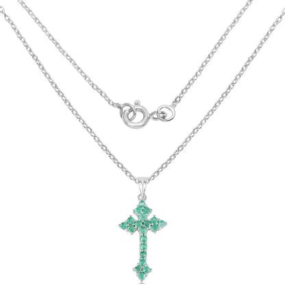 2.00 Ct Green Zambian Emerald Prong Silver Cross Pendant Necklace