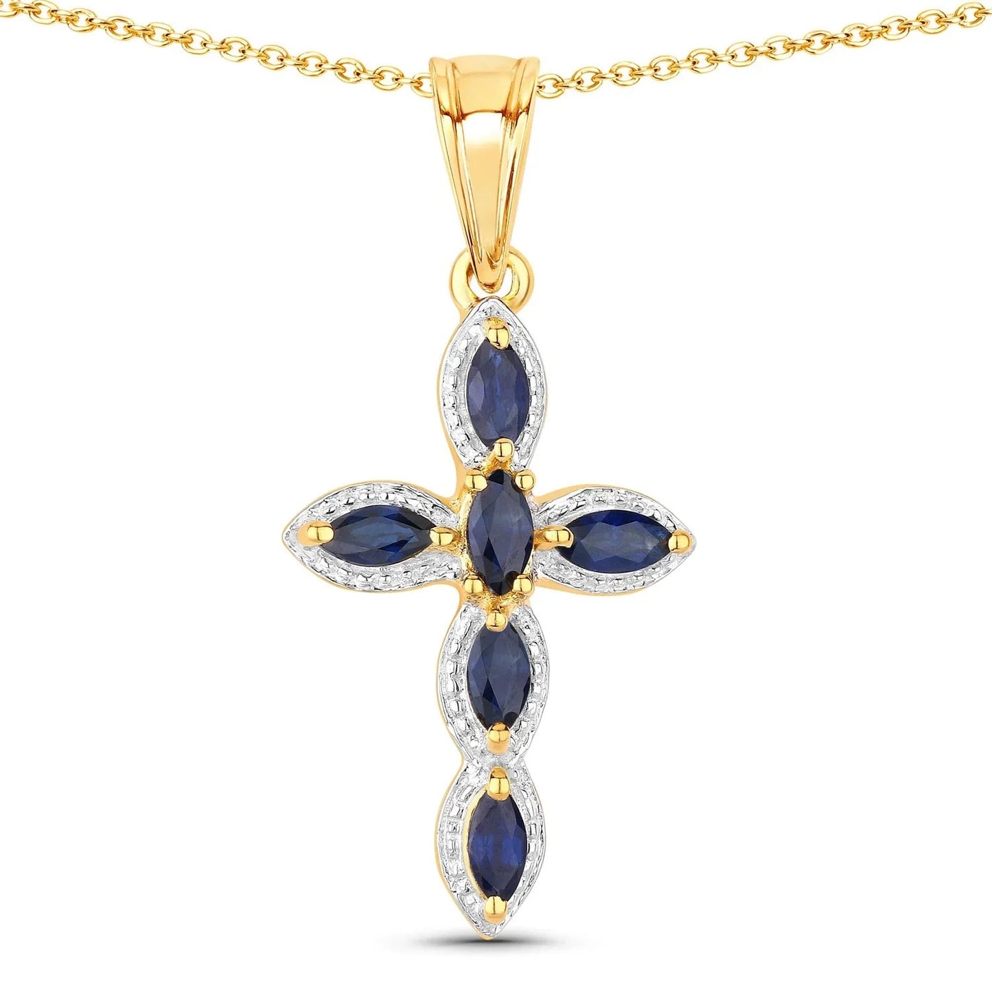 0.90 Ct Marquise Blue Sapphire Prong Silver Cross Pendant Necklace