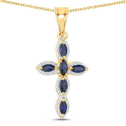 0.90 Ct Marquise Blue Sapphire Prong Silver Cross Pendant Necklace