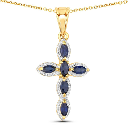 0.90 Ct Marquise Blue Sapphire Prong Silver Cross Pendant Necklace