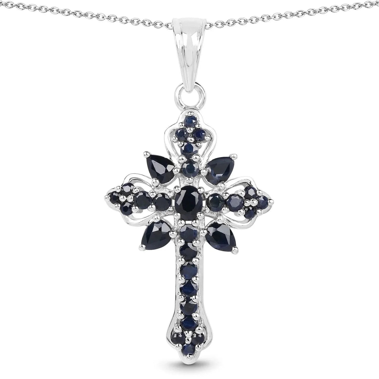 1.52 Ct Blue Sapphire Prong Silver Cross Pendant Necklace