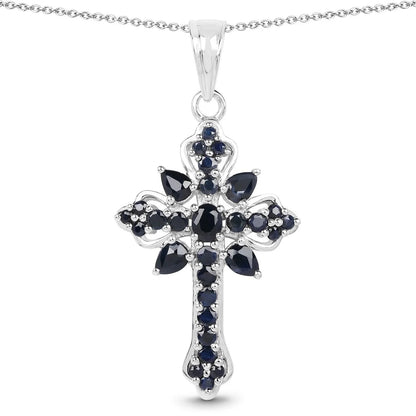 1.52 Ct Blue Sapphire Prong Silver Cross Pendant Necklace