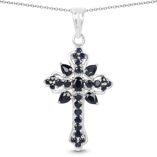 1.52 Ct Blue Sapphire Prong Silver Cross Pendant Necklace
