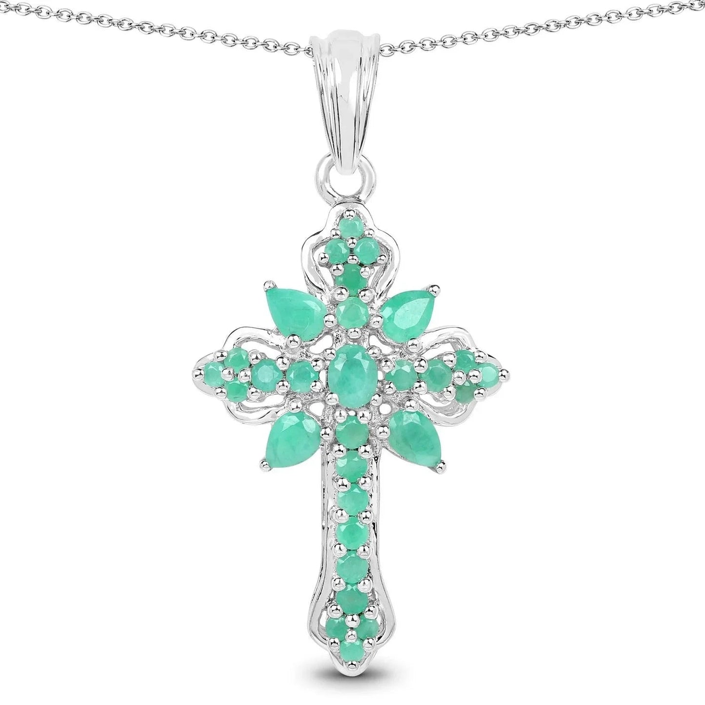 1.26 Ct Green Emerald Prong Silver Cross Pendant Necklace