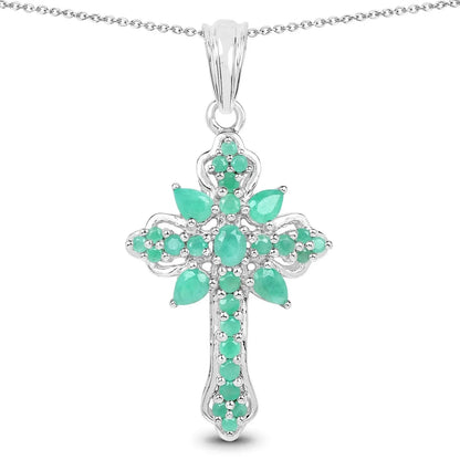 1.26 Ct Green Emerald Prong Silver Cross Pendant Necklace