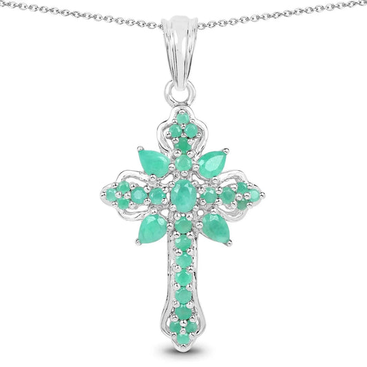 1.26 Ct Green Emerald Prong Silver Cross Pendant Necklace