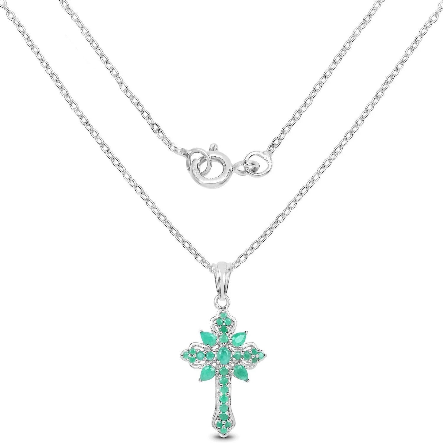 1.26 Ct Green Emerald Prong Silver Cross Pendant Necklace