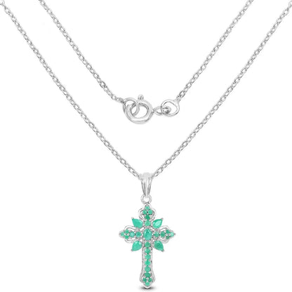 1.26 Ct Green Emerald Prong Silver Cross Pendant Necklace
