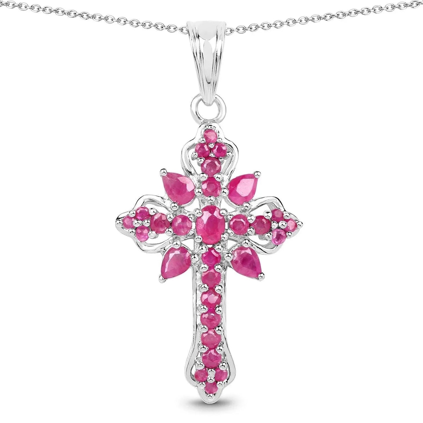 1.85 Ct Pink Ruby Prong Silver Cross Pendant Necklace