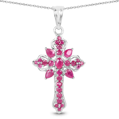 1.85 Ct Pink Ruby Prong Silver Cross Pendant Necklace