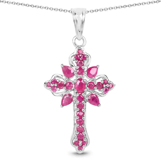 1.85 Ct Pink Ruby Prong Silver Cross Pendant Necklace