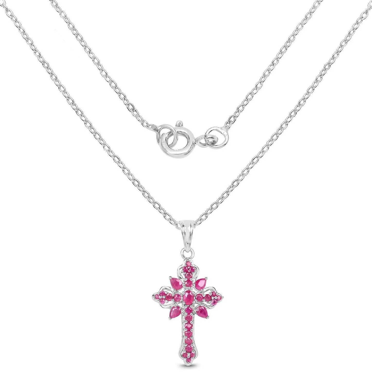 1.85 Ct Pink Ruby Prong Silver Cross Pendant Necklace