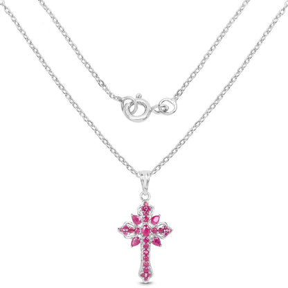 1.85 Ct Pink Ruby Prong Silver Cross Pendant Necklace