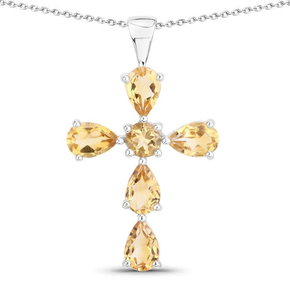 2.97 CTTW Yellow Citrine Prong Silver Cross Pendant Necklace