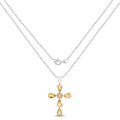 2.97 CTTW Yellow Citrine Prong Silver Cross Pendant Necklace