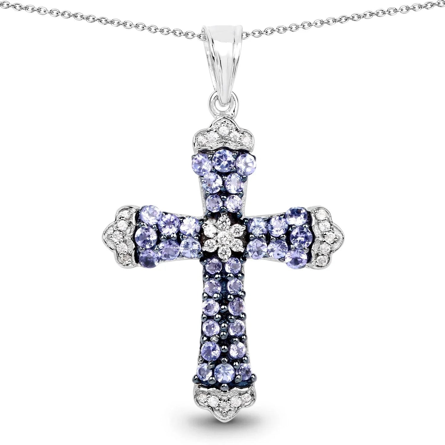 1.84 CTTW Round Violet Tanzanite Prong Silver Cross Pendant Necklace