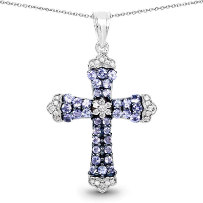 1.84 CTTW Round Violet Tanzanite Prong Silver Cross Pendant Necklace