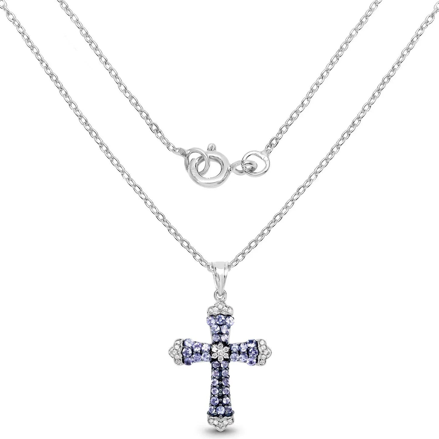 1.84 CTTW Round Violet Tanzanite Prong Silver Cross Pendant Necklace