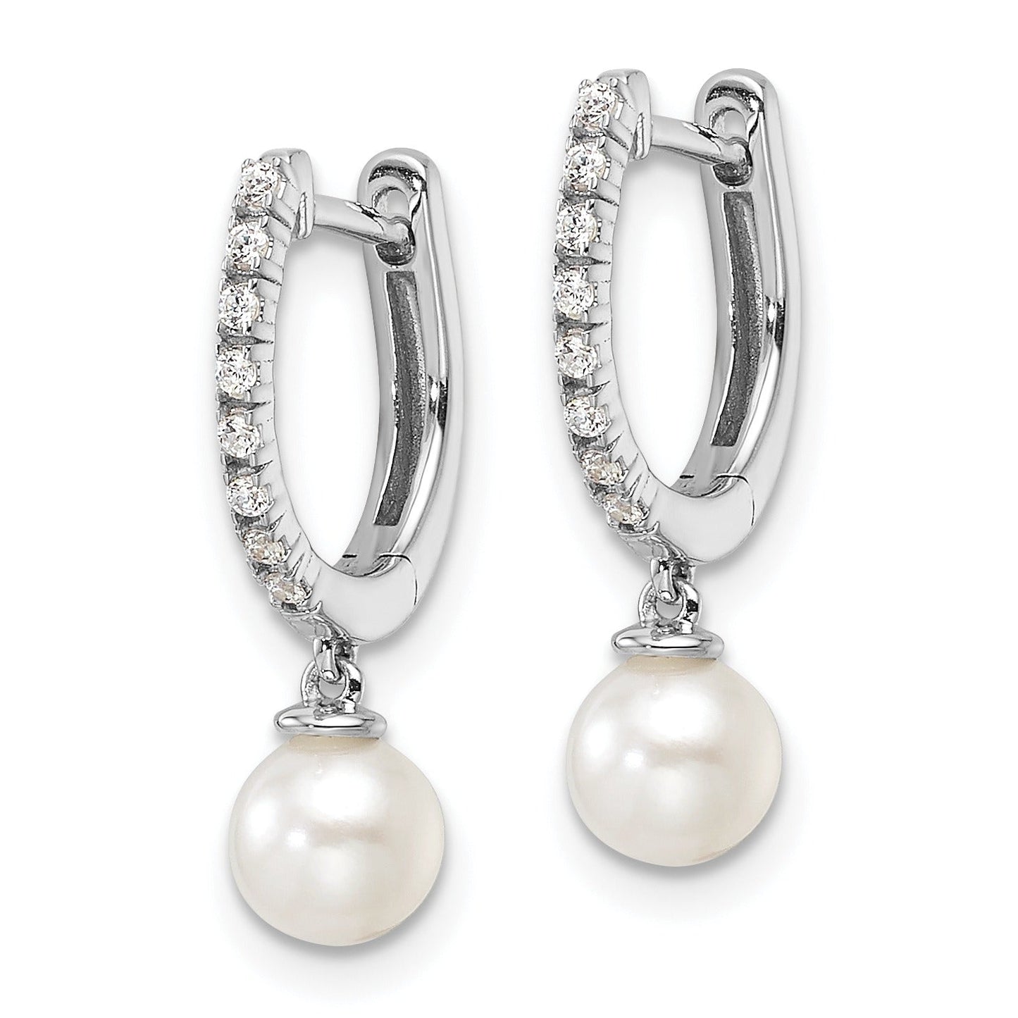 14k White Gold Lab Grown Diamond Pearl Hinged Hoop Earrings 0.1 Ct