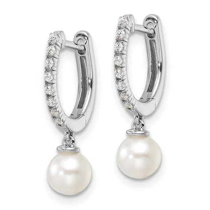 14k White Gold Lab Grown Diamond Pearl Hinged Hoop Earrings 0.1 Ct