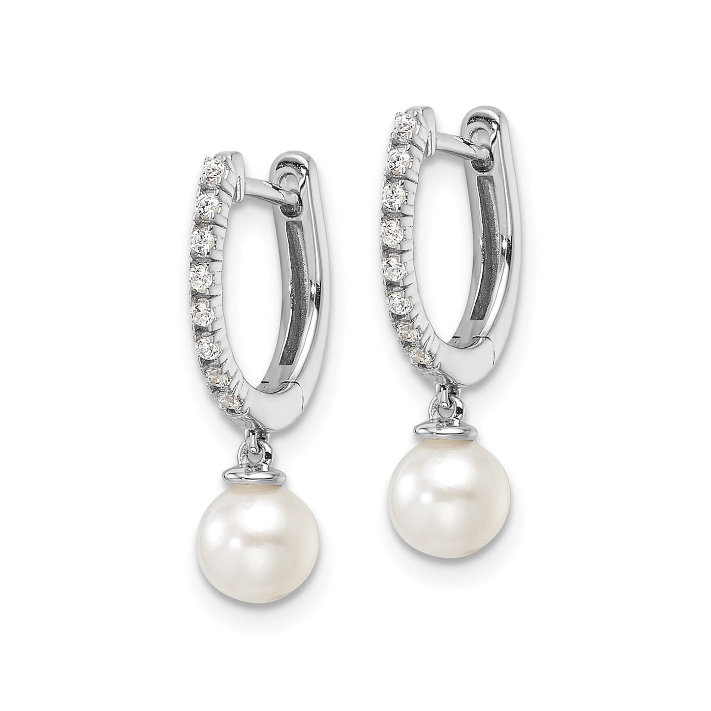 1/10 ct Lab Diamond and Cultured Pearl Hinged Hoop Earrings 14k White Gold