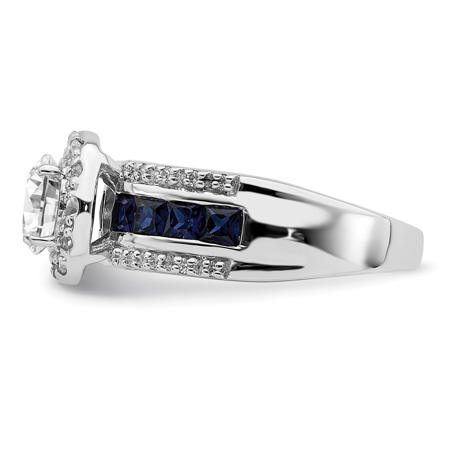 3.29 Ct Princess Blue Lab Created Sapphire & CZ Prong Sterling Silver Rhodium Plated Halo Ring