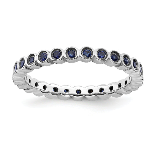 Round Blue Lab Created Sapphire Bezel Sterling Silver Stackable Eternity Ring