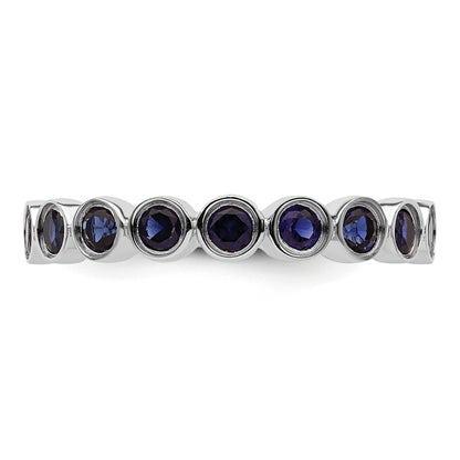 1.29 Ct Round Blue Created Sapphire Bezel Silver Eternity Stackable Ring
