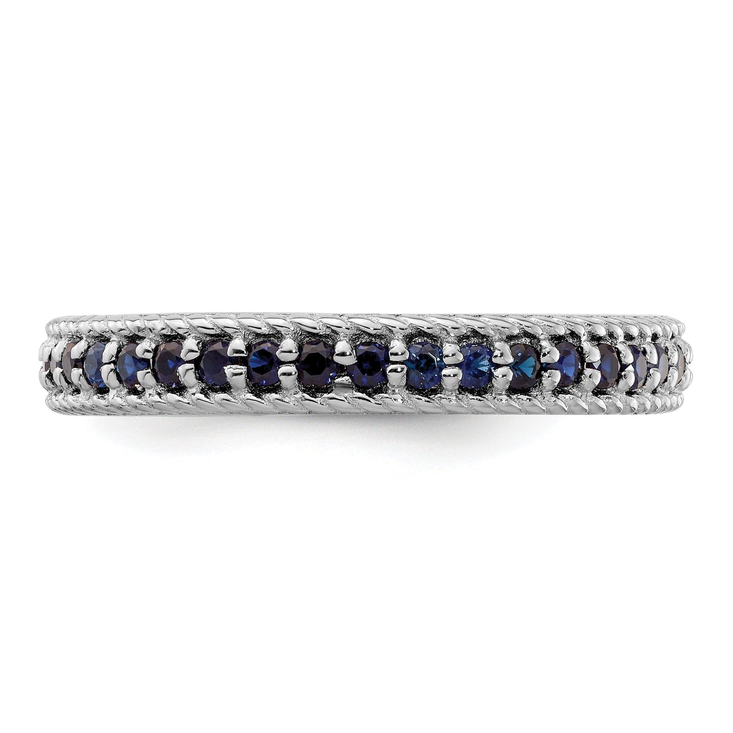 0.74 Ct Round Blue Created Sapphire Rhodium-Plated Silver Stackable Eternity Band Ring