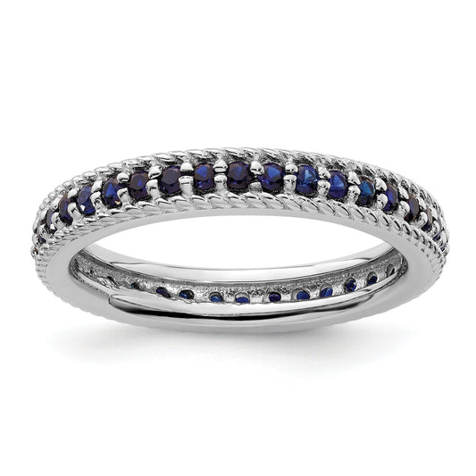 0.74 Ct Round Blue Created Sapphire Rhodium-Plated Silver Stackable Eternity Band Ring