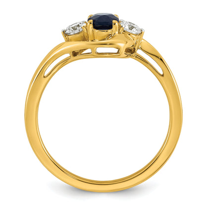 0.23 Ct Oval Blue Created Sapphire & Lab Diamond Prong 14K Gold Three Stone Bypass Ring