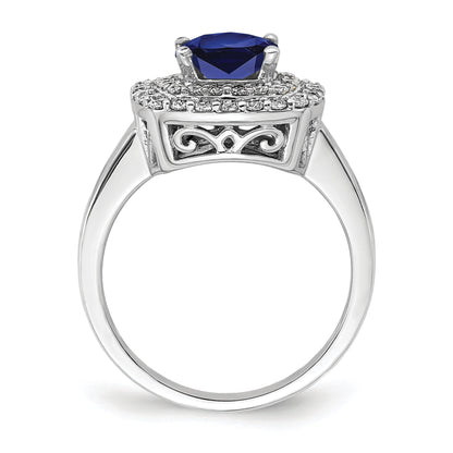 2.31 Ct Cushion Blue Created Sapphire & Lab Diamond Prong 14K White Gold Double Halo Ring