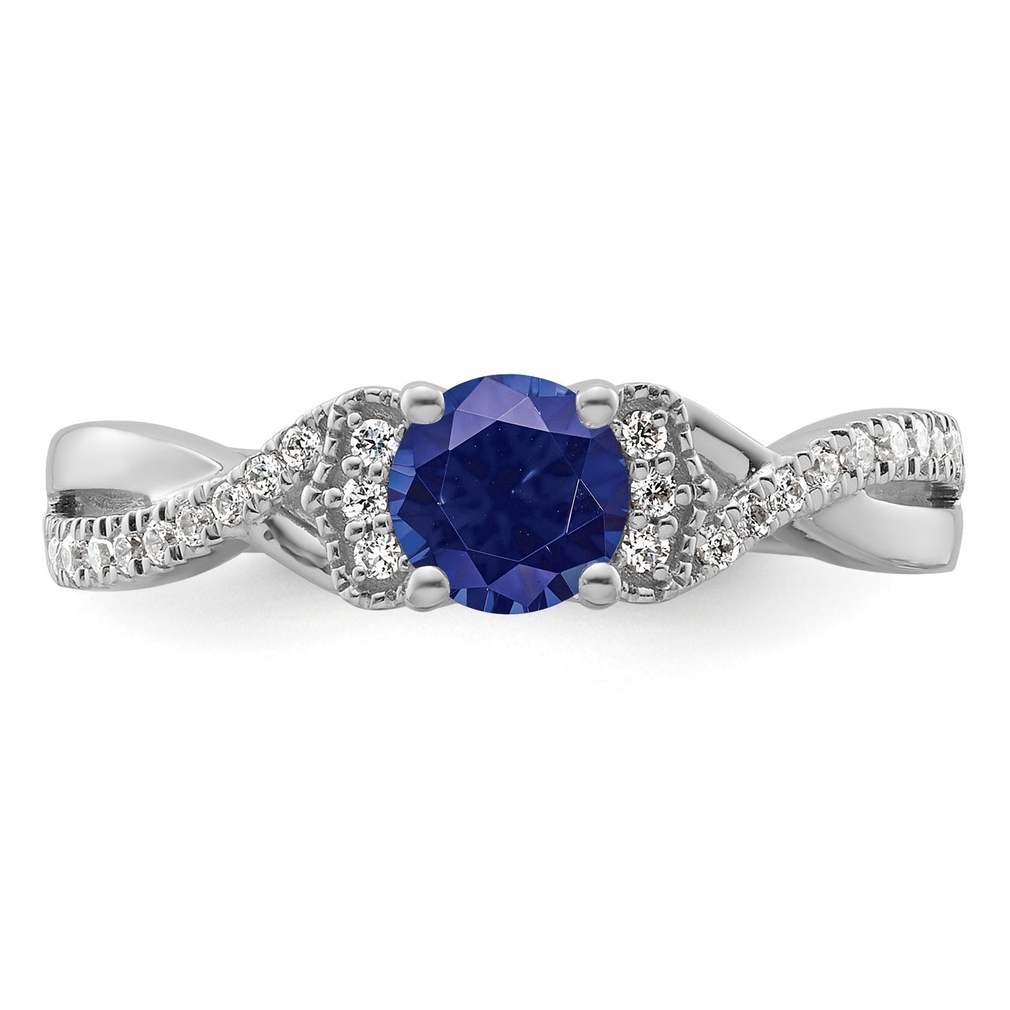 Round Blue Created Sapphire and Lab Diamond Prong 10K White Gold Infinity Twist Promise Pave Ring