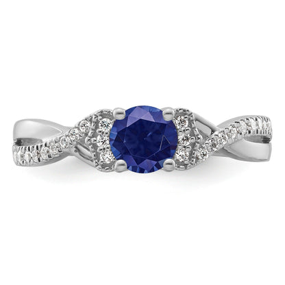 Round Blue Created Sapphire and Lab Diamond Prong 10K White Gold Infinity Twist Promise Pave Ring
