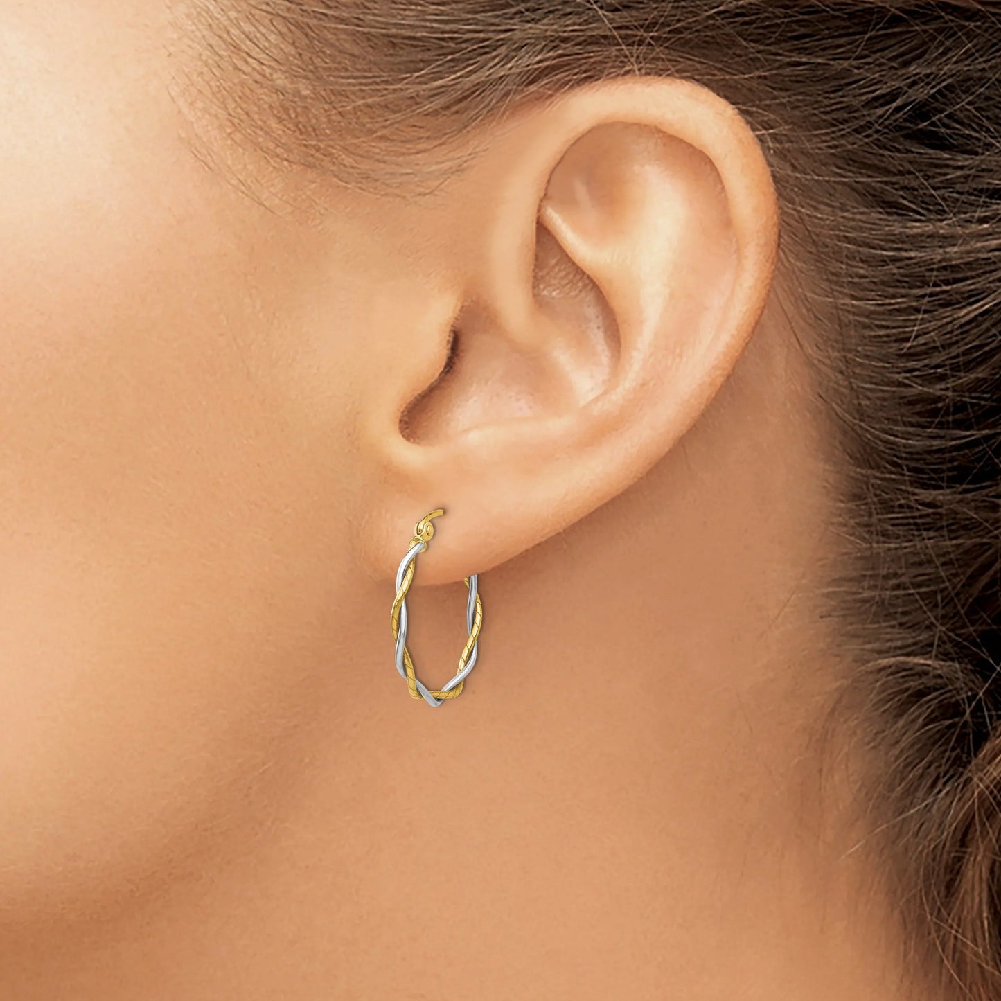 14k Gold Two-tone Twisted Round Hoop Earrings