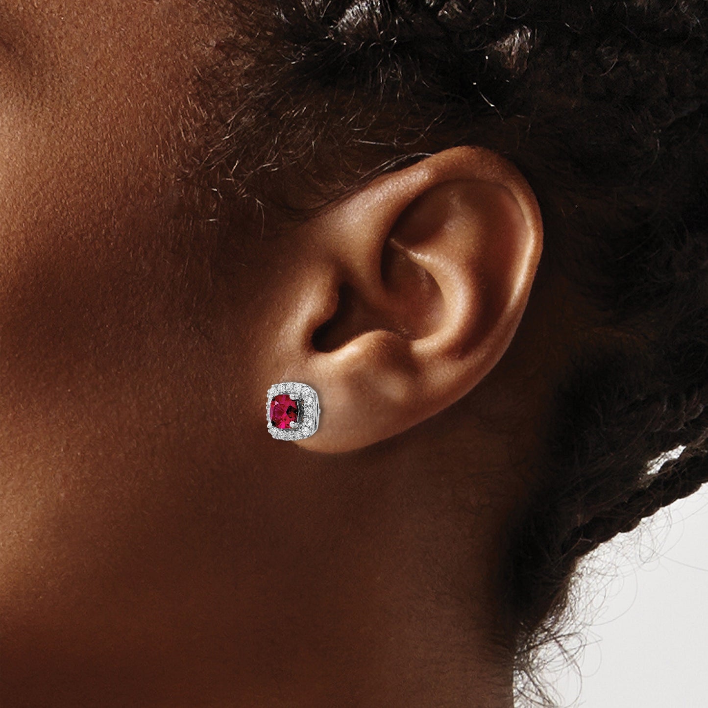 3/8 ct Lab Diamond and Created Ruby Halo Post Earrings 14k White Gold