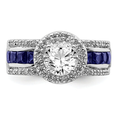 3.29 Ct Princess Blue Lab Created Sapphire & CZ Prong Sterling Silver Rhodium Plated Halo Ring