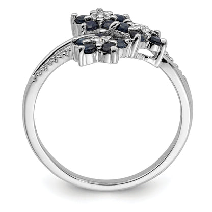 0.6 Ct Blue Sapphire & Diamond Prong Rhodium-Plated Sterling Silver Three-Flower Ring
