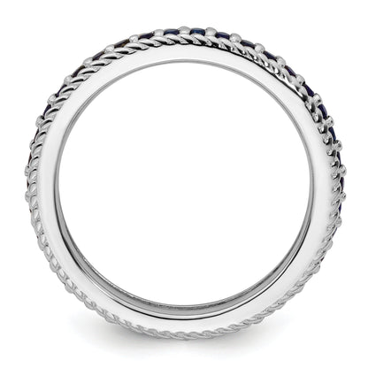 0.74 Ct Round Blue Created Sapphire Rhodium-Plated Silver Stackable Eternity Band Ring