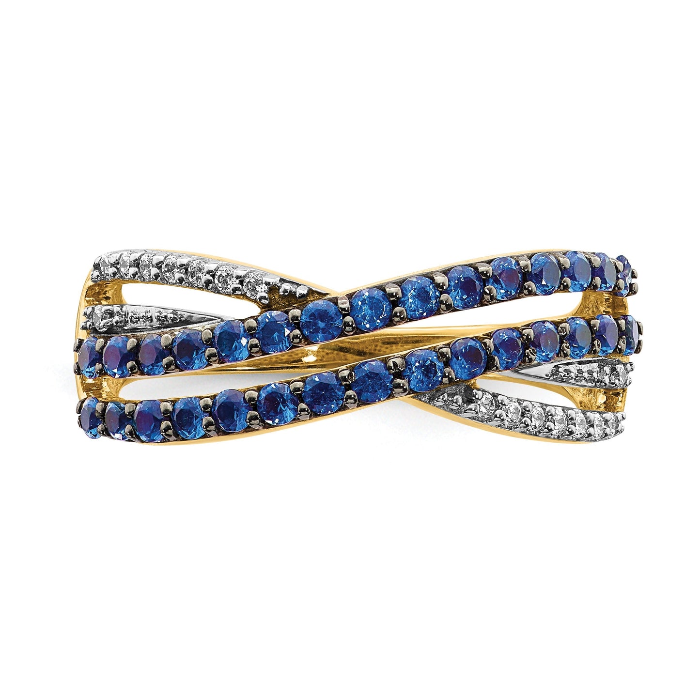 1.19 Ct Round Blue Sapphire & Diamond Pavé 14K Gold 4-Row Criss Cross Ring