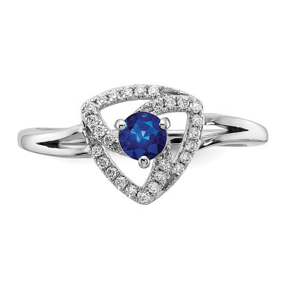 0.15 Ct Round Blue Sapphire & Diamond Prong 14K White Gold Pavé Triangle Ring