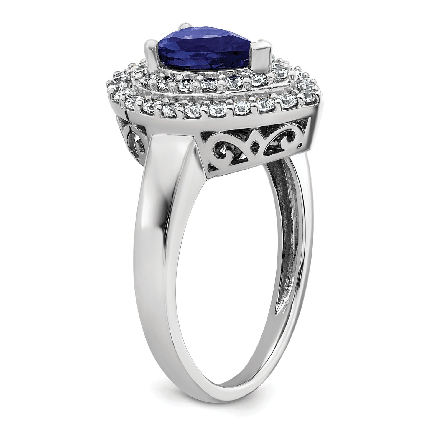 1.46 Ct Pear Blue Created Sapphire & Lab Diamond Prong 14K White Gold Double Halo Filigree Ring