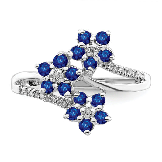0.6 Ct Blue Sapphire & Diamond Prong Rhodium-Plated Sterling Silver Three-Flower Ring