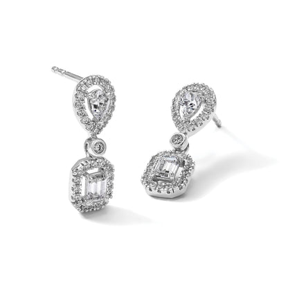 14k White Gold Lab Diamond Two Stone Dangle Halo Earrings