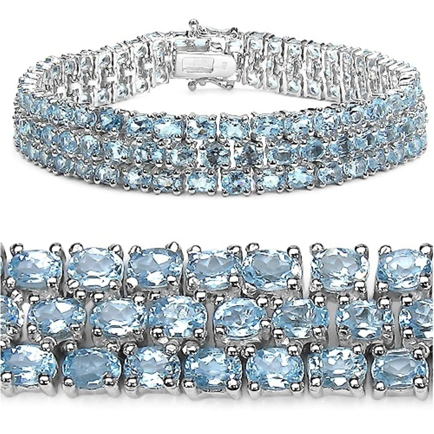 26.20 Ct Oval Sky Blue Topaz Prong Sterling Silver Triple Row Tennis Bracelet