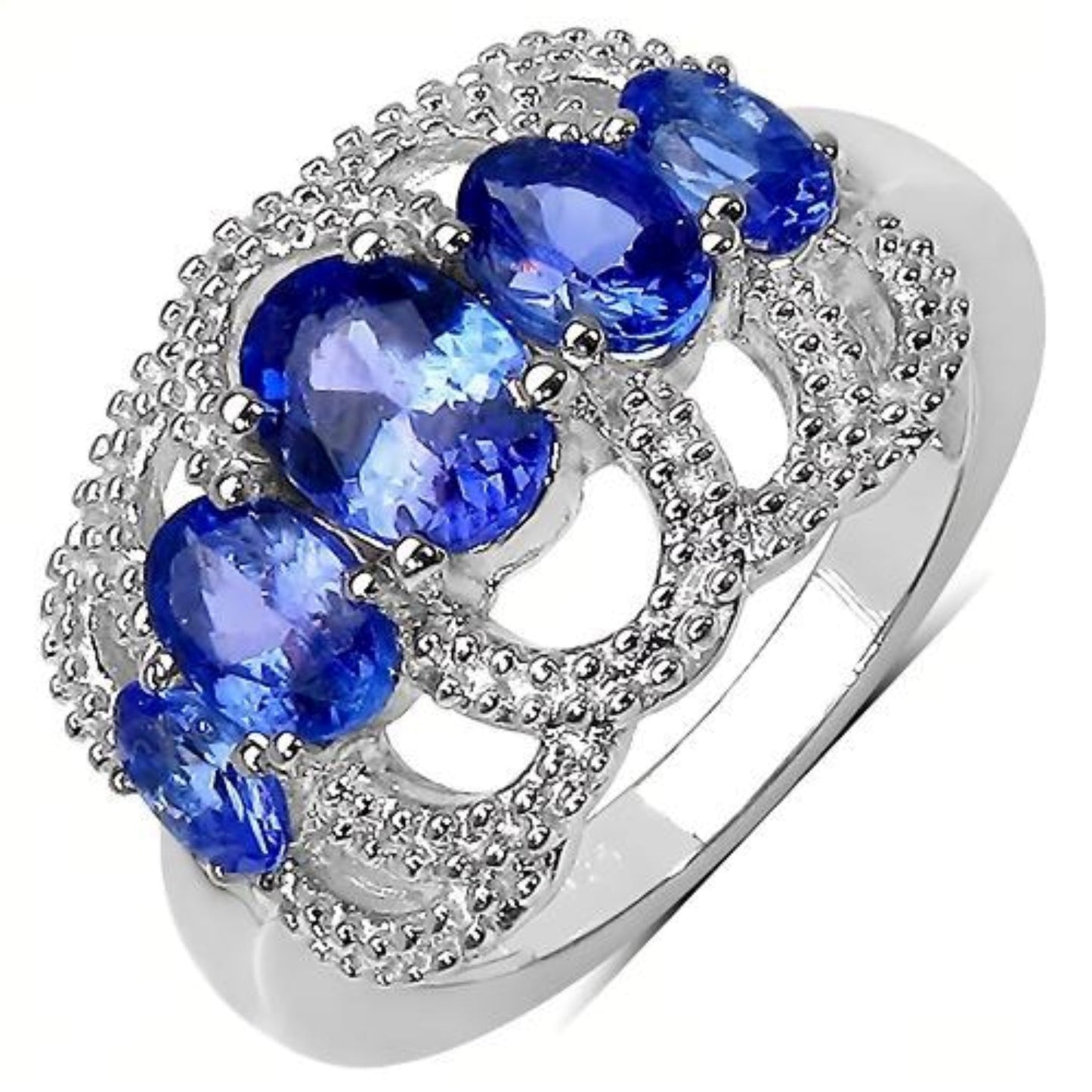 2.13 Ct Oval Violet Tanzanite Prong Silver Pave Five Stone Crown Style Ring