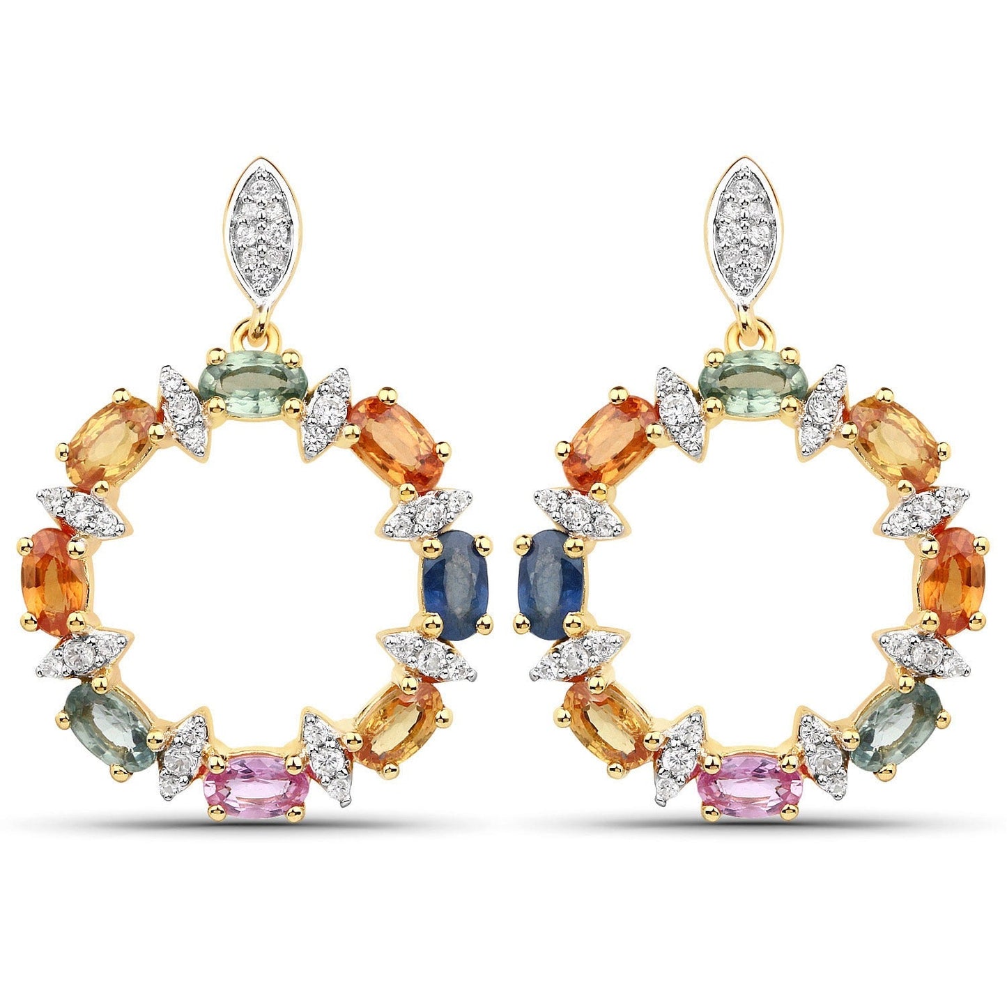 4.12 Carat Genuine Multi Sapphire 22K Yellow Gold Over Silver Dangle Earrings