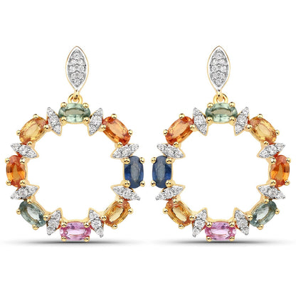 4.12 Carat Genuine Multi Sapphire 22K Yellow Gold Over Silver Dangle Earrings