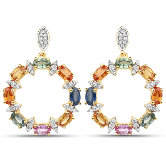 4.12 Carat Genuine Multi Sapphire 22K Yellow Gold Over Silver Dangle Earrings